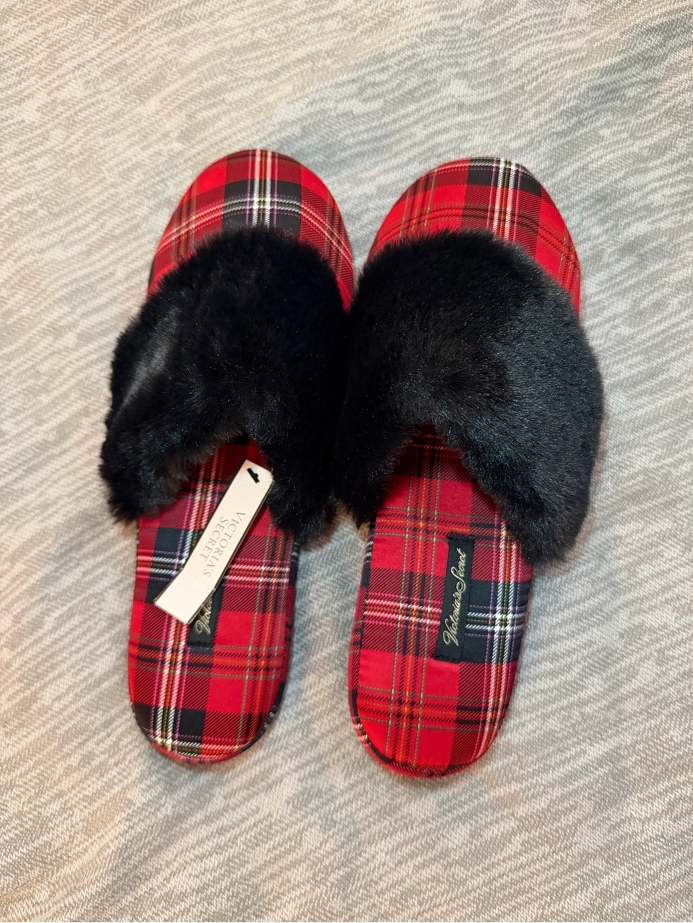Victoria's Secret Red Plaid Slippers with Black Faux-Fur Strap